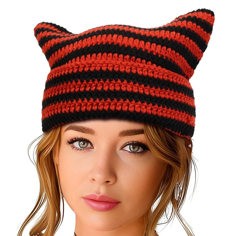 1248 Y2K Beanie Crochet Hat with Cat Ear Cute Fox Hat Vintage Grunge